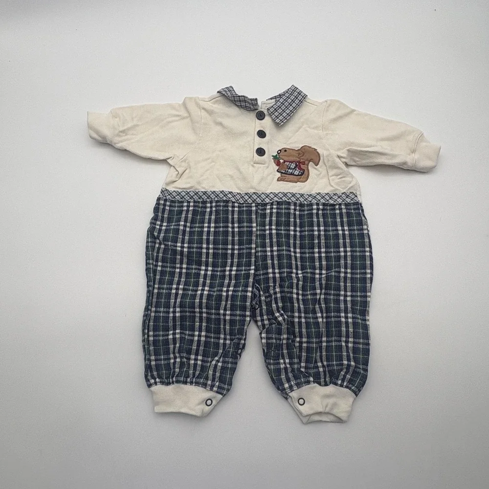 Plaid Squirrel Coverall Boys 6-9 Months Blue Collared Knit Button One Piece‎